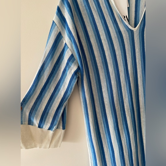 Women’s Blue and White Striped Linen Zara V-Neck Tunic Dress - Picture 12 of 14